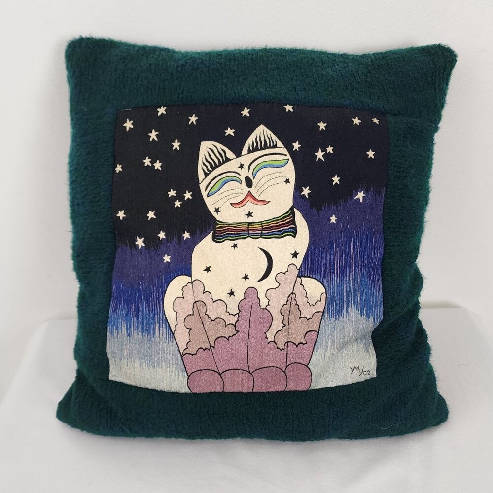 VTG Artist Signed Dated '02 Satin Stitch Embroidery Cat Tapestry Throw Pillow